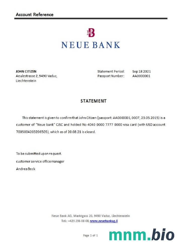 Przykład zamknięcia banku Liechtenstein Neue w formatach Word i PDF